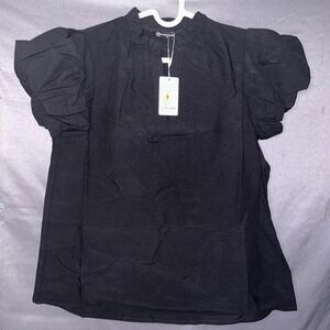 PrettyGarden Women Black Poplin Puff Sleeve Ruffle Neck Split V-Neck Blouse Sm